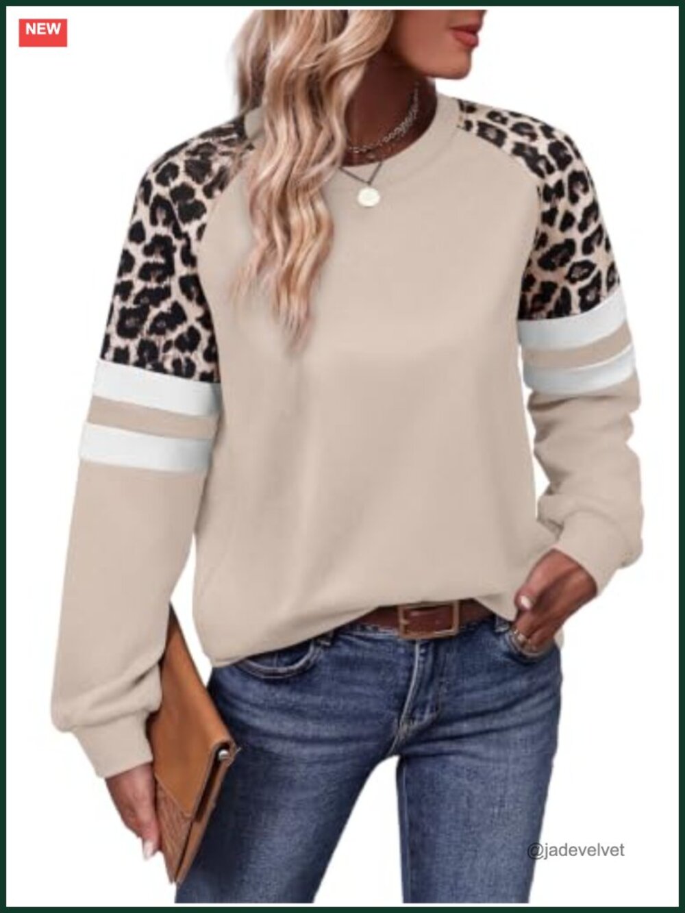 WIHOLL Women's Crewneck Sweatshirt Loose Fit Leopard Print Sleeve Pullover